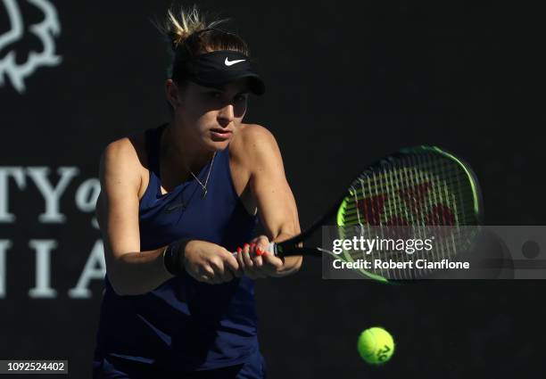 Belinda Bencic of Switzerland plays a shot during her semifinal match against Anna Karolina Schmiedlova of Slovakia during day seven of the 2019...