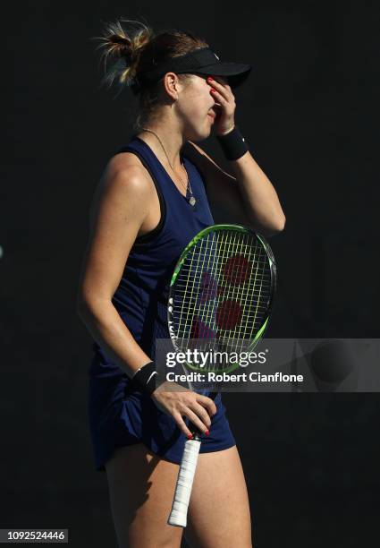 Belinda Bencic of Switzerland reacts during her semifinal match against Anna Karolina Schmiedlova of Slovakia during day seven of the 2019 Hobart...