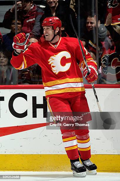Tim Jackman of the Calgary Flames skates against the Ottawa Senators on February 9, 2011 at the Scotiabank Saddledome in Calgary, Alberta, Canada....