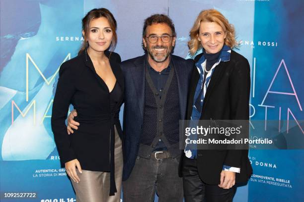 Serena Rossi, Riccardo Donna and Monica Rametta at the press conference for the presentation of the film Io sono Mia, dedicated to Mia Martini....