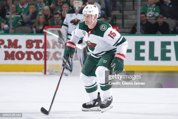 Matt Hendricks of the Minnesota Wild skates against the Dallas Stars at the American Airlines Center on February 1, 2019 in Dallas, Texas.