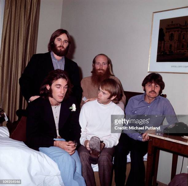 The Beach Boys, group portrait, London, December 1970, L-R Dennis Wilson, Carl Wilson, Mike Love, Al Jardine, Bruce Johnston.