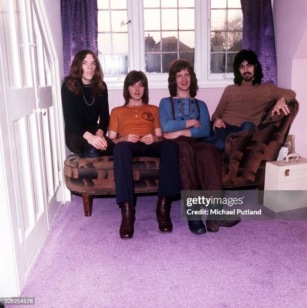 Badfinger group portrait, London, February 1971, L-R Tommy Evans, Joey Molland, Pete Ham, Mike Gibbons.