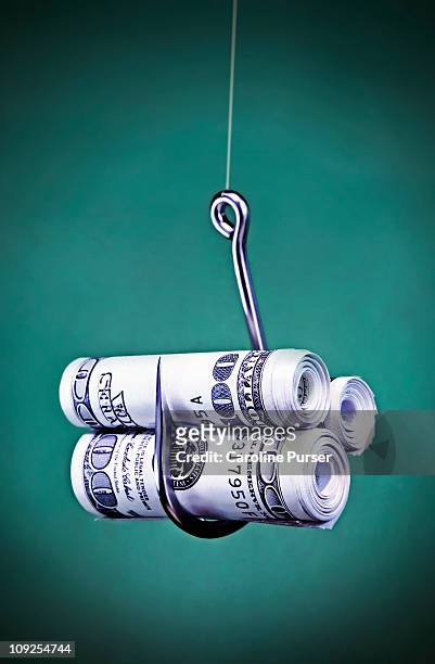rolled up hundred dollar bills on a fishing hook - greed stock pictures, royalty-free photos & images
