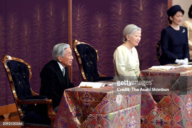 Emperor Akihito and Empress Michiko attend the 'Kosho-Hajime-no-Gi' first lecture of the New year at the Imperial Palace on January 11, 2019 in...