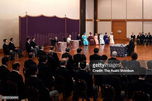 Emperor Akihito, Empress Michiko and royal family members attend the 'Kosho-Hajime-no-Gi' first lecture of the New year at the Imperial Palace on...