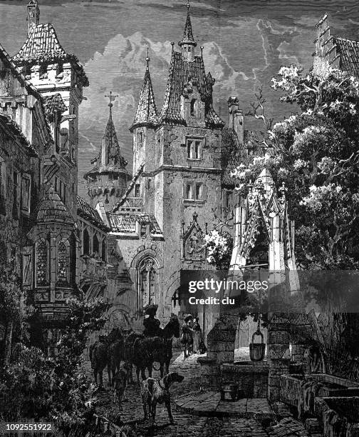 inner courtyard of a castle - castle courtyard stock illustrations