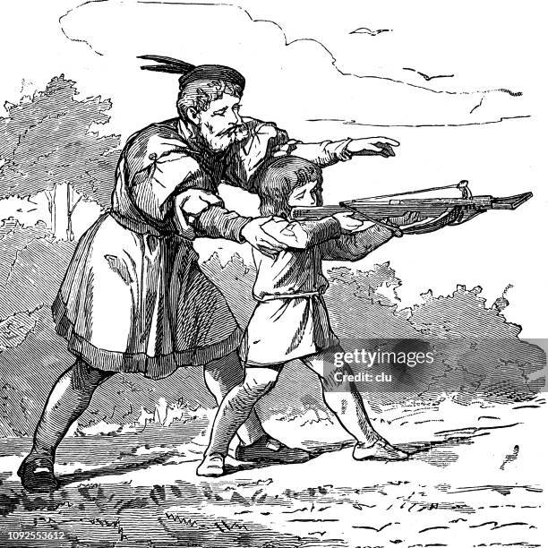 knightly education, shooting practice crossbow - crossbow illustration stock illustrations