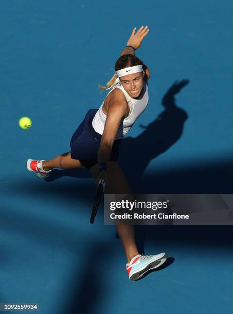 Anna Karolina Schmiedlova of Slovakia plays a shot during her semifinal match against Belinda Bencic of Switzerland during day seven of the 2019...