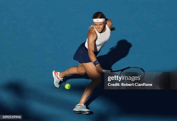 Anna Karolina Schmiedlova of Slovakia plays a shot during her semifinal match against Belinda Bencic of Switzerland during day seven of the 2019...