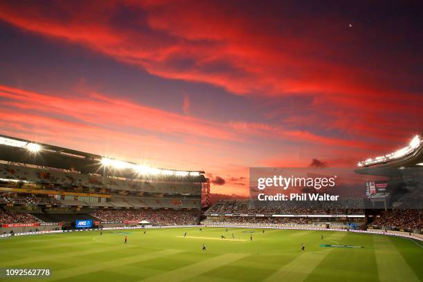 General view at sunset during the International Twenty20 match between New Zealand and Sri Lanka at Eden Park on January 11, 2019 in Auckland, New...