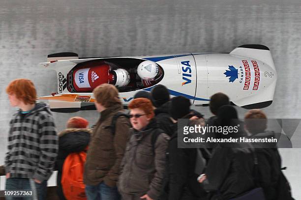 Pilot Kaillie Humphries and Heather Moyse of Team Canada 1 competes at the first run of the women's Bobsleigh World Championship on February 18, 2011...