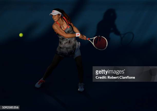 Alize Cornet of France plays a shot during her semifinal match against Sofia Kenin of the USA during day seven of the 2019 Hobart International at...