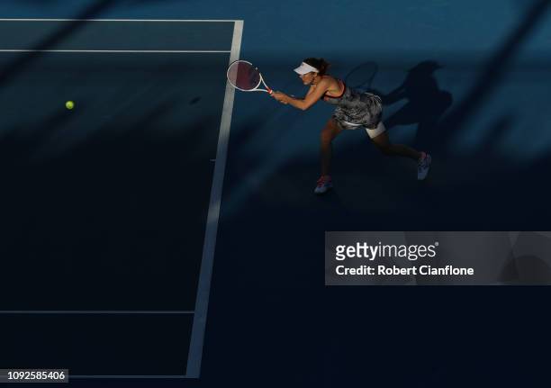 Alize Cornet of France plays a shot during her semifinal match against Sofia Kenin of the USA during day seven of the 2019 Hobart International at...