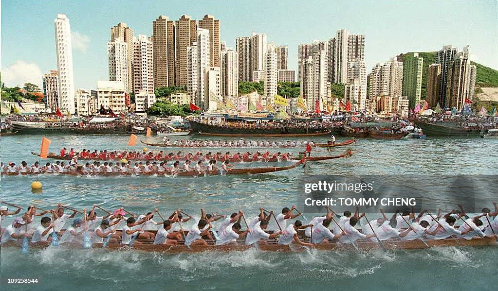 Several boats race during competition at