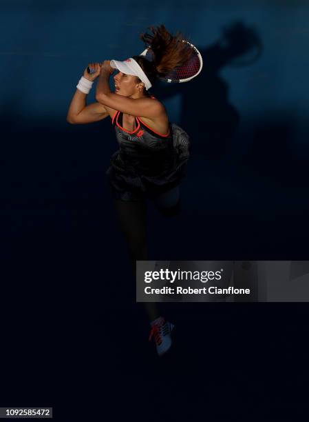 Alize Cornet of France plays a shot during her semifinal match against Sofia Kenin of the USA during day seven of the 2019 Hobart International at...