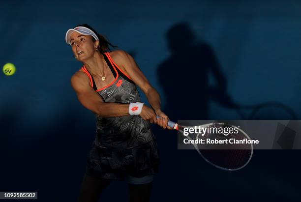 Alize Cornet of France plays a shot during her semifinal match against Sofia Kenin of the USA during day seven of the 2019 Hobart International at...