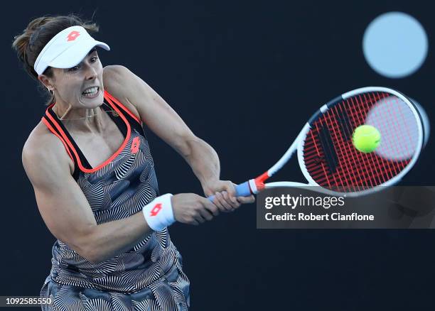 Alize Cornet of France plays a shot during her semifinal match against Sofia Kenin of the USA during day seven of the 2019 Hobart International at...