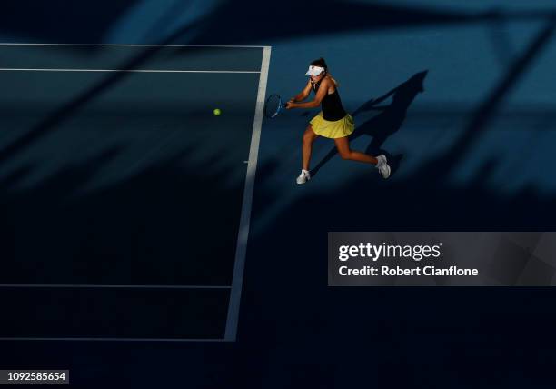 Sofia Kenin of the USA plays a shot during her semifinal match against Alize Cornet of France during day seven of the 2019 Hobart International at...