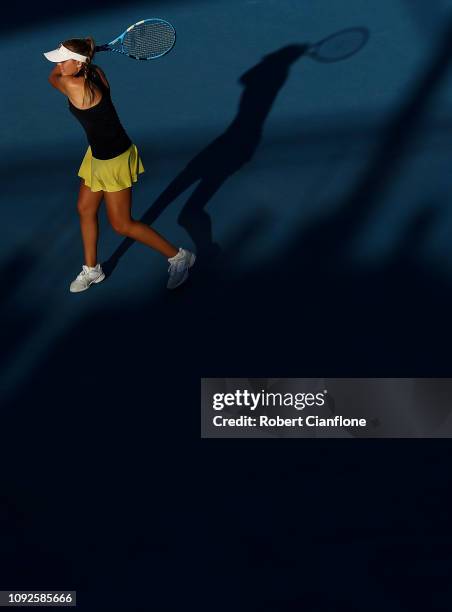 Sofia Kenin of the USA plays a shot during her semifinal match against Alize Cornet of France during day seven of the 2019 Hobart International at...