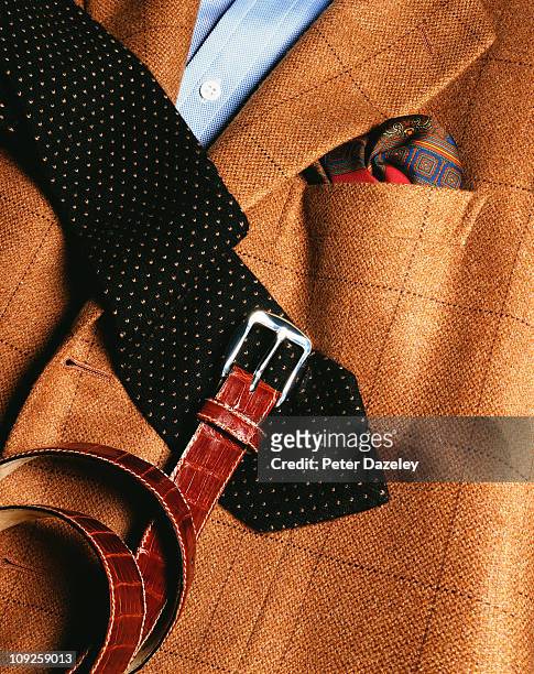 gentleman's jacket, tie and belt - menswear stock pictures, royalty-free photos & images