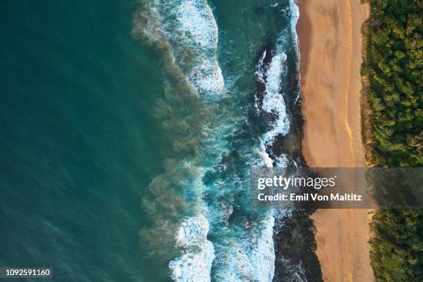 quiet coastline beach with no people. there is a great flow of contrast between the ocean, the beach and the belt of green bush. tongaat huletts, sibaya, durban, kwazulu natal, south africa - kwazulu natal stock pictures, royalty-free photos & images