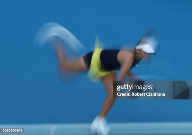 Sofia Kenin of the USA plays a shot during her semifinal match against Alize Cornet of France during day seven of the 2019 Hobart International at...