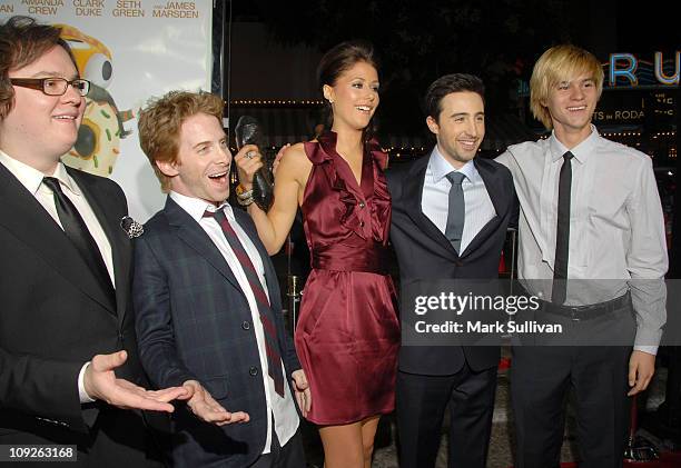 Actors Clark Duke, Seth Green, Amanda Crew, Josh Zuckerman and Mark L. Young arrive at the Los Angeles premiere of "Sex Drive" on October 15, 2008 in...