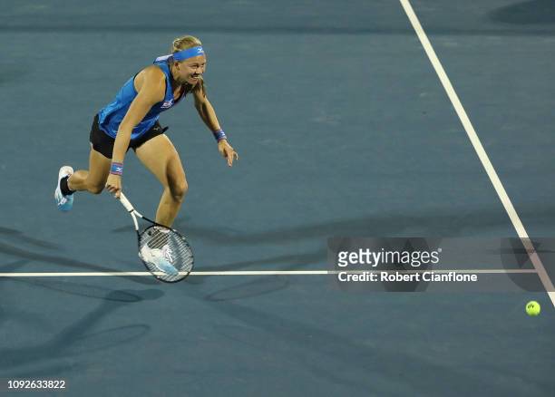 Johanna Larsson of Sweden, chases the ball during the doubles semifinal match during day seven of the 2019 Hobart International at Domain Tennis...