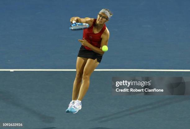 Kirsten Flipkens of Belgium plays a shot during the doubles semifinal match during day seven of the 2019 Hobart International at Domain Tennis Centre...