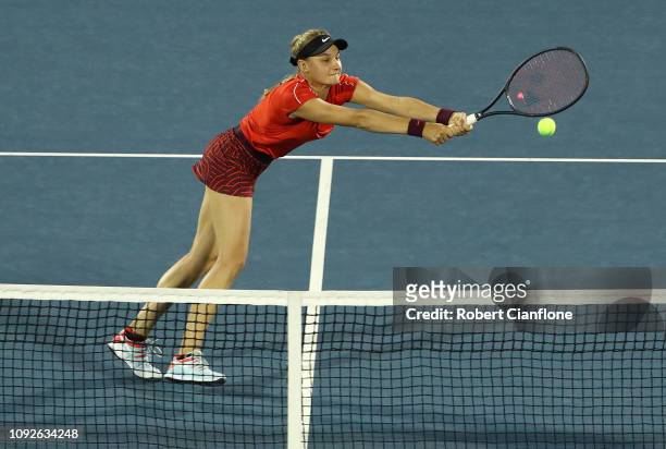 Dayana Yastremska of the Ukraine plays a shot during day seven of the 2019 Hobart International at Domain Tennis Centre on January 11, 2019 in...