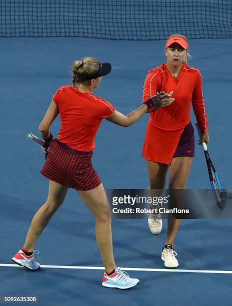 Dayana Yastremska of the Ukraine and Anastasia Potapova of Russia react during day seven of the 2019 Hobart International at Domain Tennis Centre on...