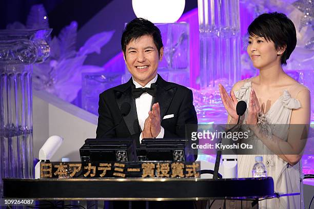 Comedian Tsutomu Sekine and actress Takako Matsu attend the 34th Japan Academy Awards at Grand Prince Hotel New Takanawa on February 18, 2011 in...