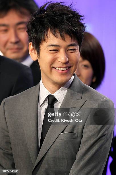Actor Satoshi Tsumabuki, who won the award for Best Actor in a Leading Role for 'Akunin ', attends the 34th Japan Academy Awards at Grand Prince...