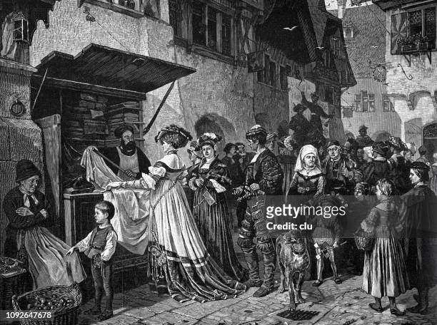 market in a medieval city - european culture stock illustrations