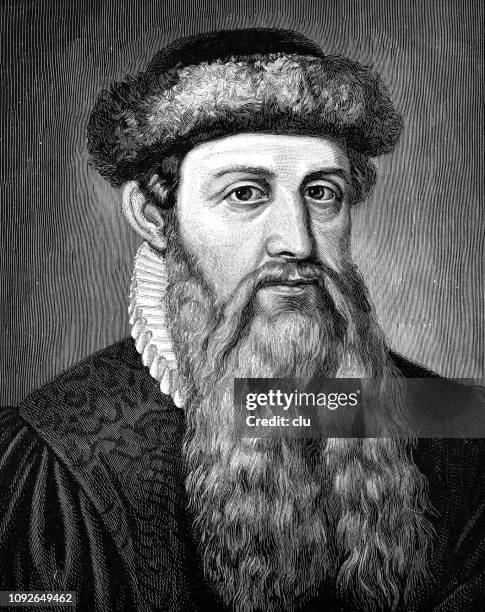 portrait of johannes gutenberg, 1400-1468, inventor of the printing press - book printing press stock illustrations