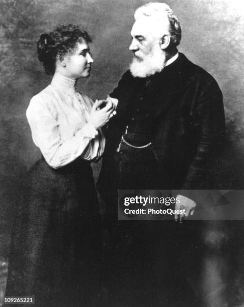 Portrait of inventor Alexander Graham Bell , at age 54, with Helen Keller , 1901.