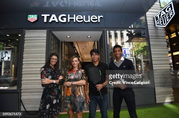 Félix Auger Aliassime of Canada, Chung Hyeon of South Korea, Ana Bogdan of Romania and Olga Danilovic of Serbia pose at the Unveiling of Tag Heuer’s...