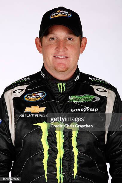 Ricky Carmichael, driver of the Monster Energy Chevrolet, poses during the 2011 NASCAR Camping World Truck Series Media Day at Daytona International...