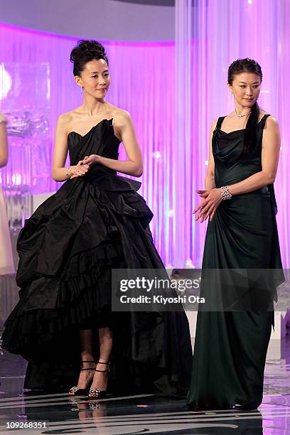 Actresses Yoshino Kimura and Yui Natsukawa attend the 34th Japan Academy Aawrds at Grand Prince Hotel New Takanawa on February 18, 2011 in Tokyo,...