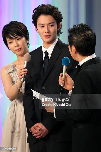 Actor Masaki Okada appears on stage during the 34th Japan Academy Awards at Grand Prince Hotel New Takanawa on February 18, 2011 in Tokyo, Japan.