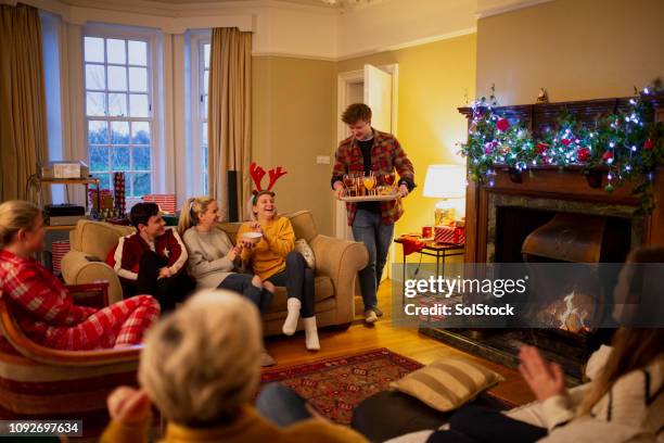 serving drinks at a christmas house party - serving tray stock pictures, royalty-free photos & images