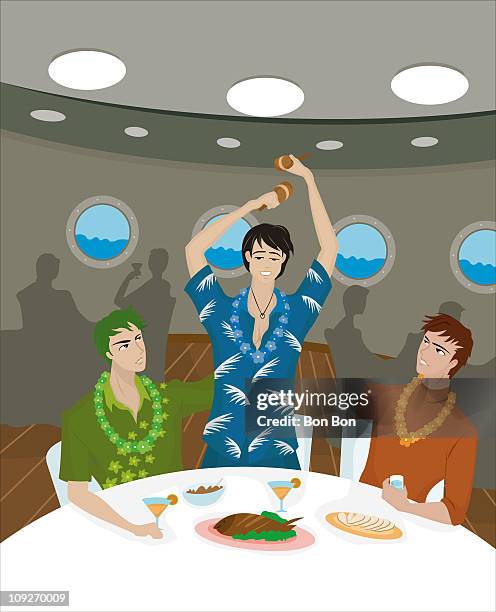 three men at a dinner table on a cruise ship - dinner table setting stock illustrations