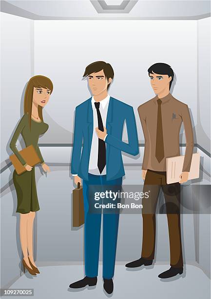 ilustraciones, imágenes clip art, dibujos animados e iconos de stock de three people in a elevator - mujer con grupo de hombres