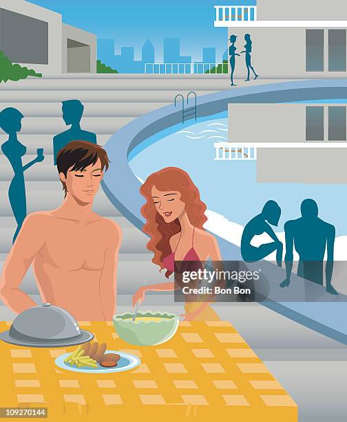 a man and woman eating poolside - pool side eating stock illustrations