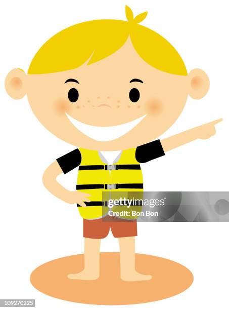 a young boy wearing a life jacket - life jacket stock illustrations