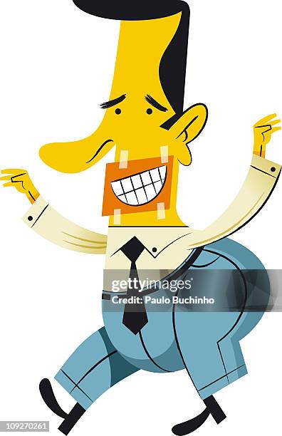 stockillustraties, clipart, cartoons en iconen met a businessman with a stuck on smile - toothy smile