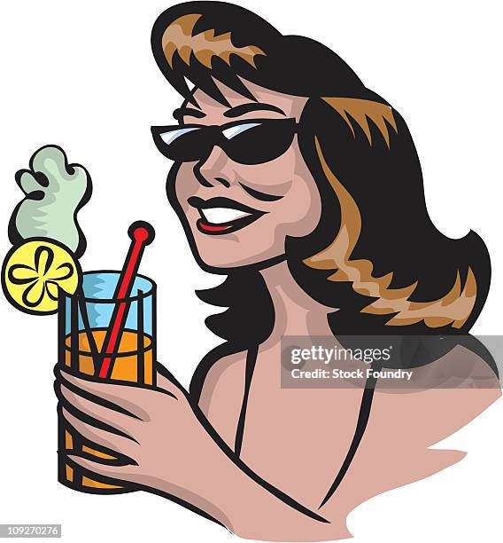 a woman drinking a beverage with a lemon on the side - indulgence stock illustrations点のイラスト素材／クリップアート素材／マンガ素材／アイコン素材