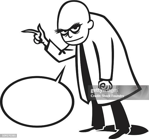 a scary man pointing and a text bubble for inserting spooky text - mad scientist stock illustrations