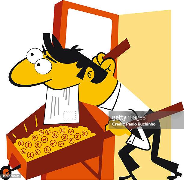a businessman holding a postcard in his mouth while pushing a wheelbarrow filled with euro coins - man looking inside mouth illustrated stock illustrations